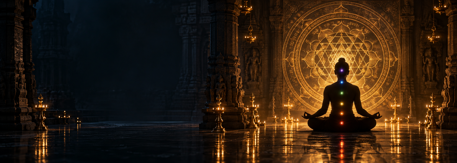 Meditation in a candlelit temple, with a golden mandala and glowing chakra points